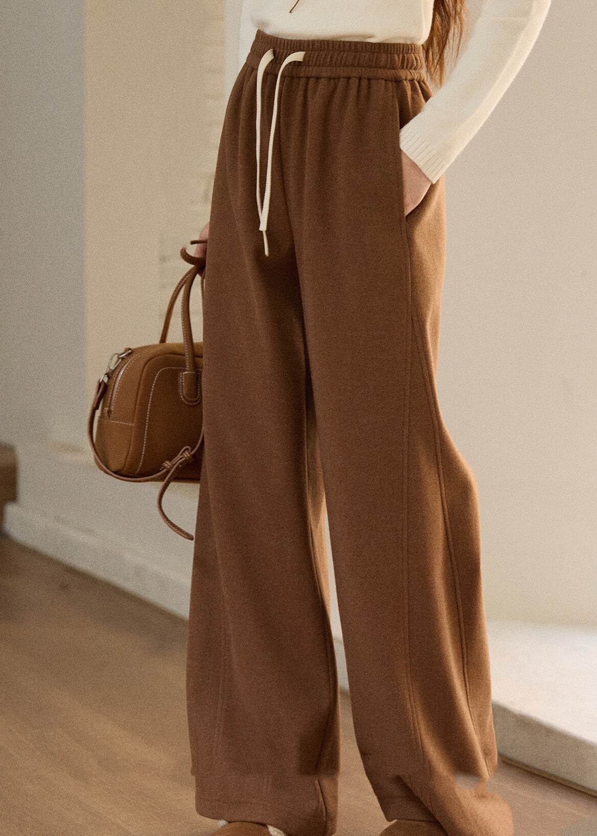 Oatmeal Pockets Elastic Waist Woolen Wide Leg Pants Fall