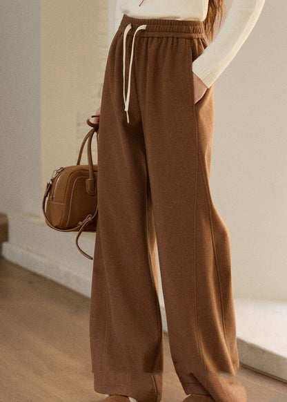Oatmeal Pockets Elastic Waist Woolen Wide Leg Pants Fall