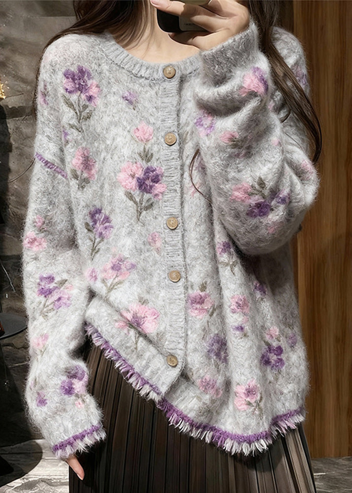Fitted Grey O Neck Tassel Button Knit Cardigans Spring