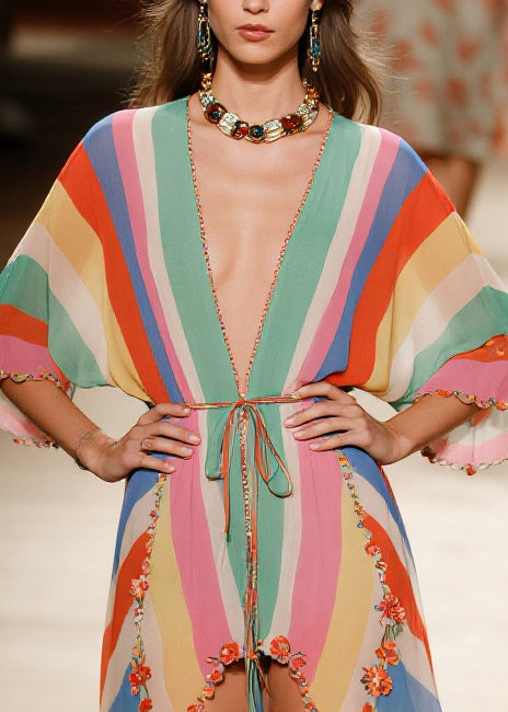 Rainbow Asymmetrical Striped Chiffon Beach Dress Summer
