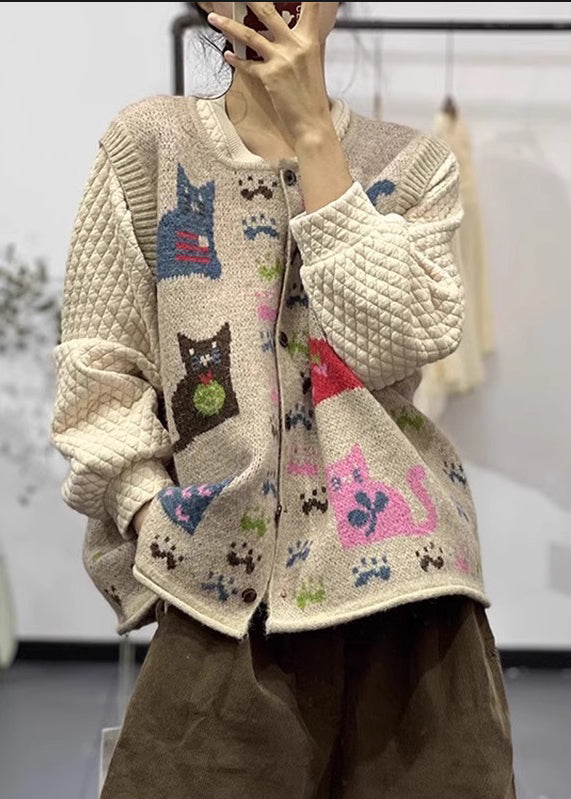 Loose Apricot O Neck Button Animal Print Knit Vest Sleeveless
