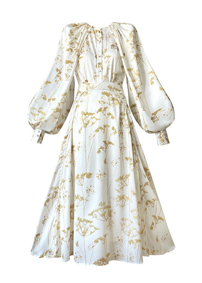 Classy White O-neck Print Silk Top and Skirts Two Pieces Set Fall