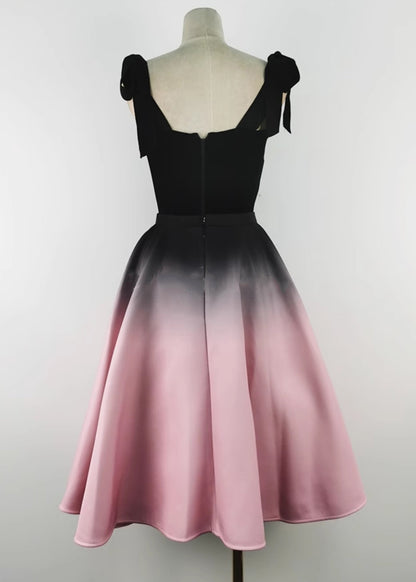 Slim Fit Black Lace Bow Silk Velvet Tank and Gradient Color Skirts Two Pieces Set Sleeveless