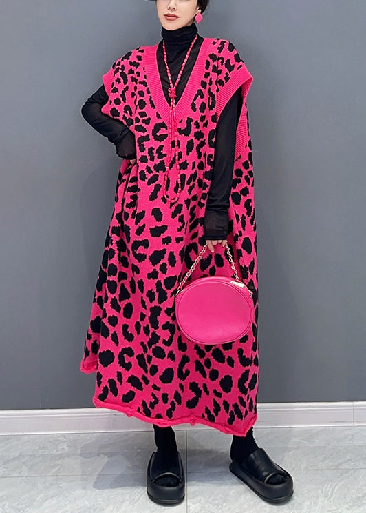 Rose Leopard V Neck Cotton Knit Waistcoat Long Dresses Sleeveless