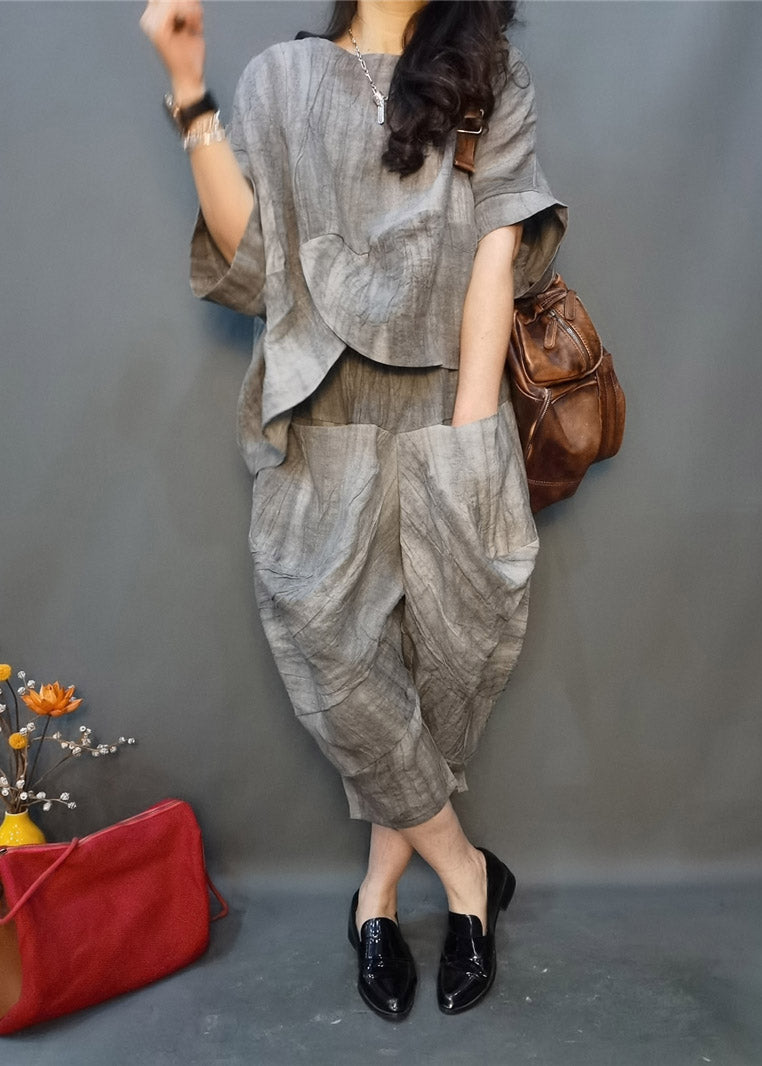 Vogue Grey O-neck Wrinkled Linen Top and Harm Pants Two Pieces Set Batwing Sleeve