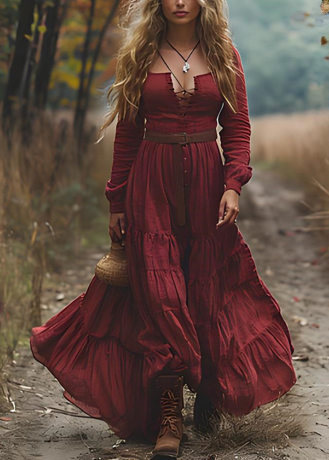 Red Wrinkledpatchwork Cotton Maxi Dresses Long Sleeve