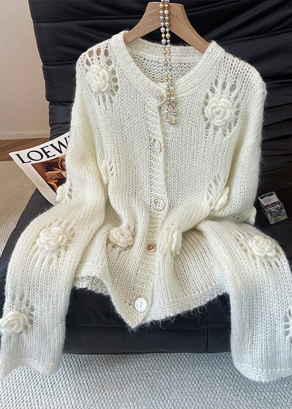 White Hollow Out Decorated Knit Cardigans Fall