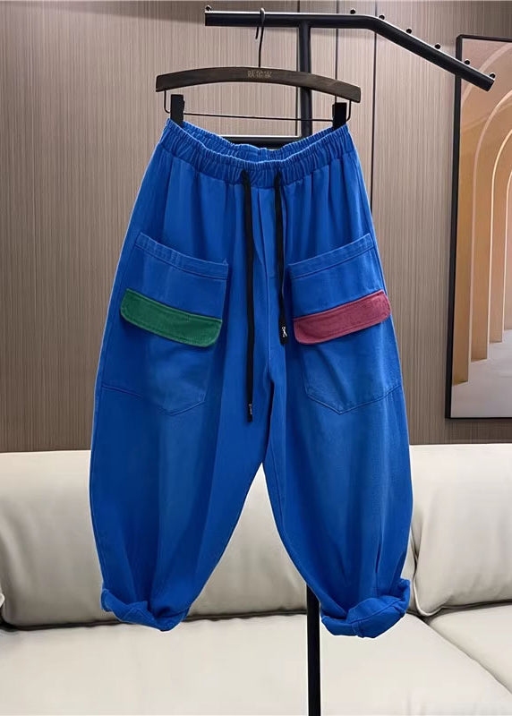 Rose Purple Pockets Elastic Waist Denim Harem Pants Fall