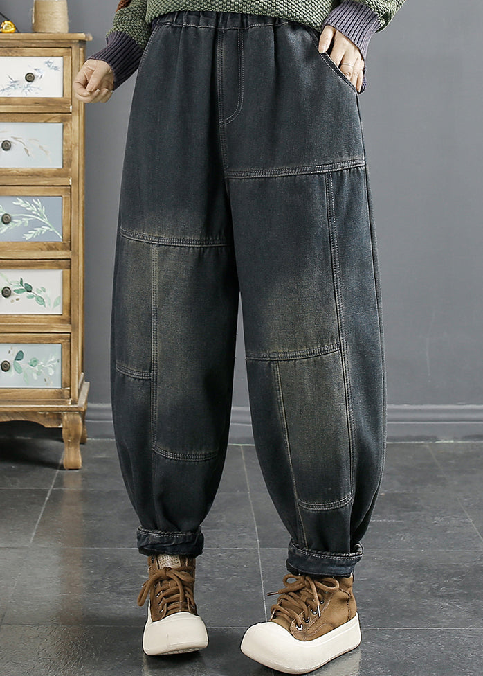 Blue Pockets Patchwork Elastic Waist Warm Fleece Denim Pants Fall