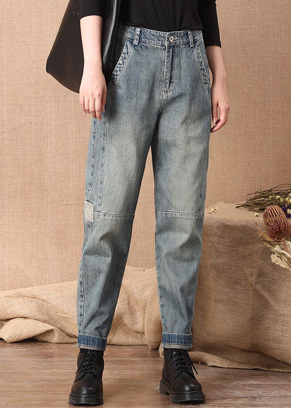 Blue High Waist Button Pockets Patchwork Cotton Denim Pants Summer