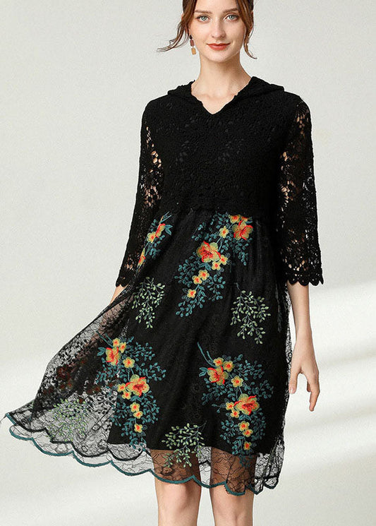 Black Hooded Patchwork Lace Dress Spring