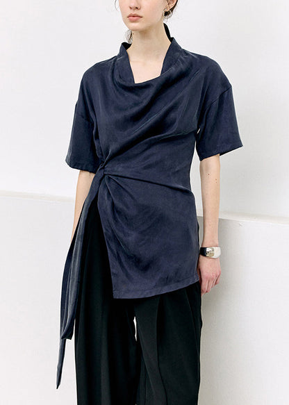 Navy Lace Up Side Open Silk T Shirts Summer