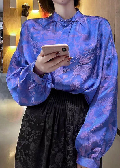 Green Stand Collar Patchwork Jacquard Silk Blouses Fall