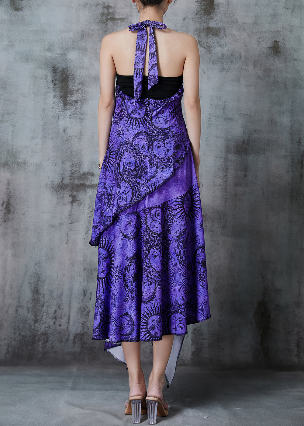 Purple Asymmetrical Print Cotton Halter Dress Summer