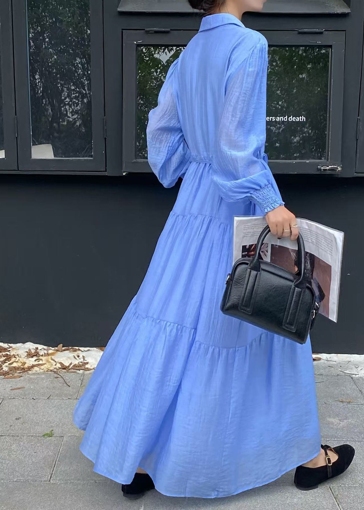 Blue Tie Waist Exra Large Hem Cotton Shirt Dresses Fall