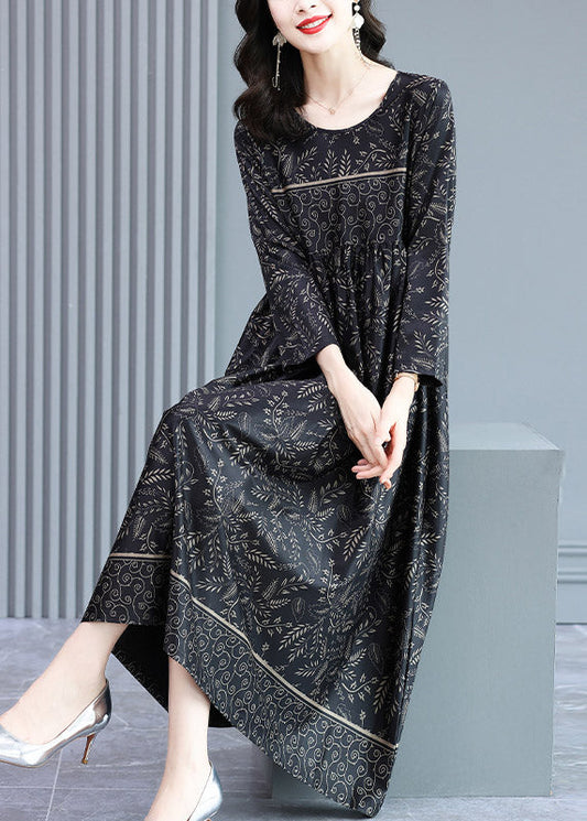 Black O-neck Wrinkled Print Silk Long Dress Long Sleeve