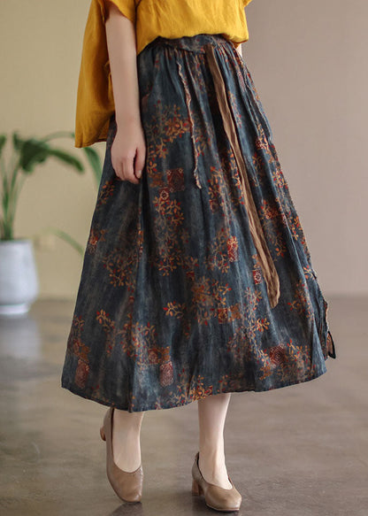 Navy Patchwork Linen a Line Skirts Oversized Spring