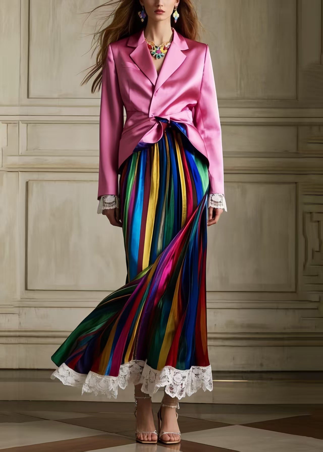 Multicolour Striped Patchwork Lace Silk Pleated Skirt Summer