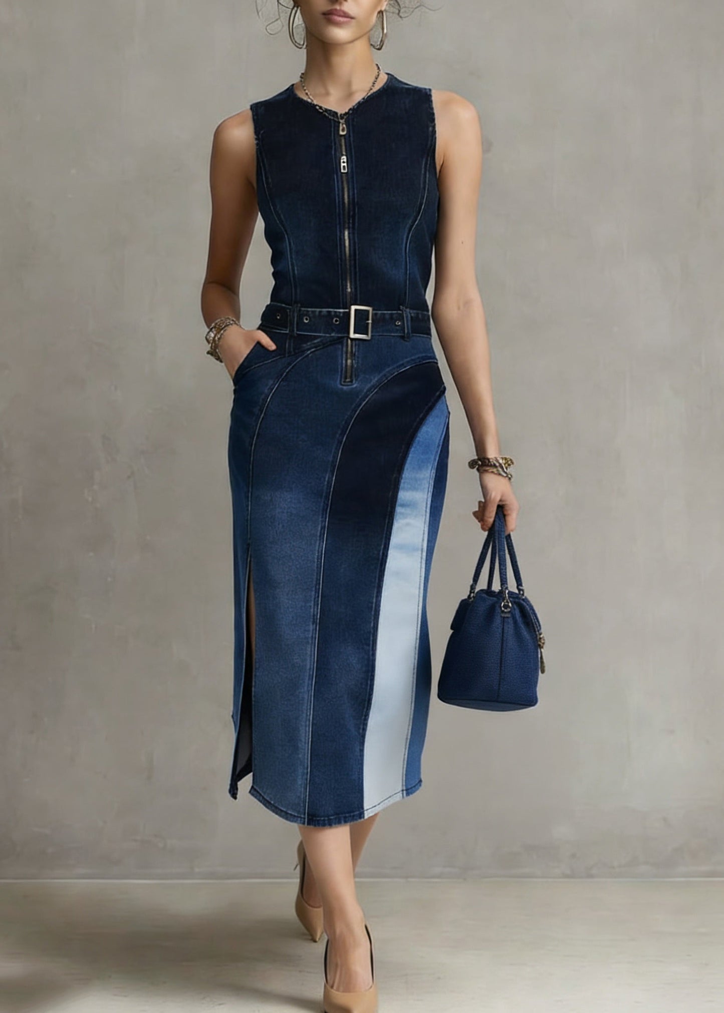 Blue Patchwork Sashes Side Open Vacation Denim Long Dresses