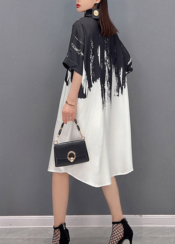 Black Peter Pan Collar Print Button Silk Dress Short Sleeve