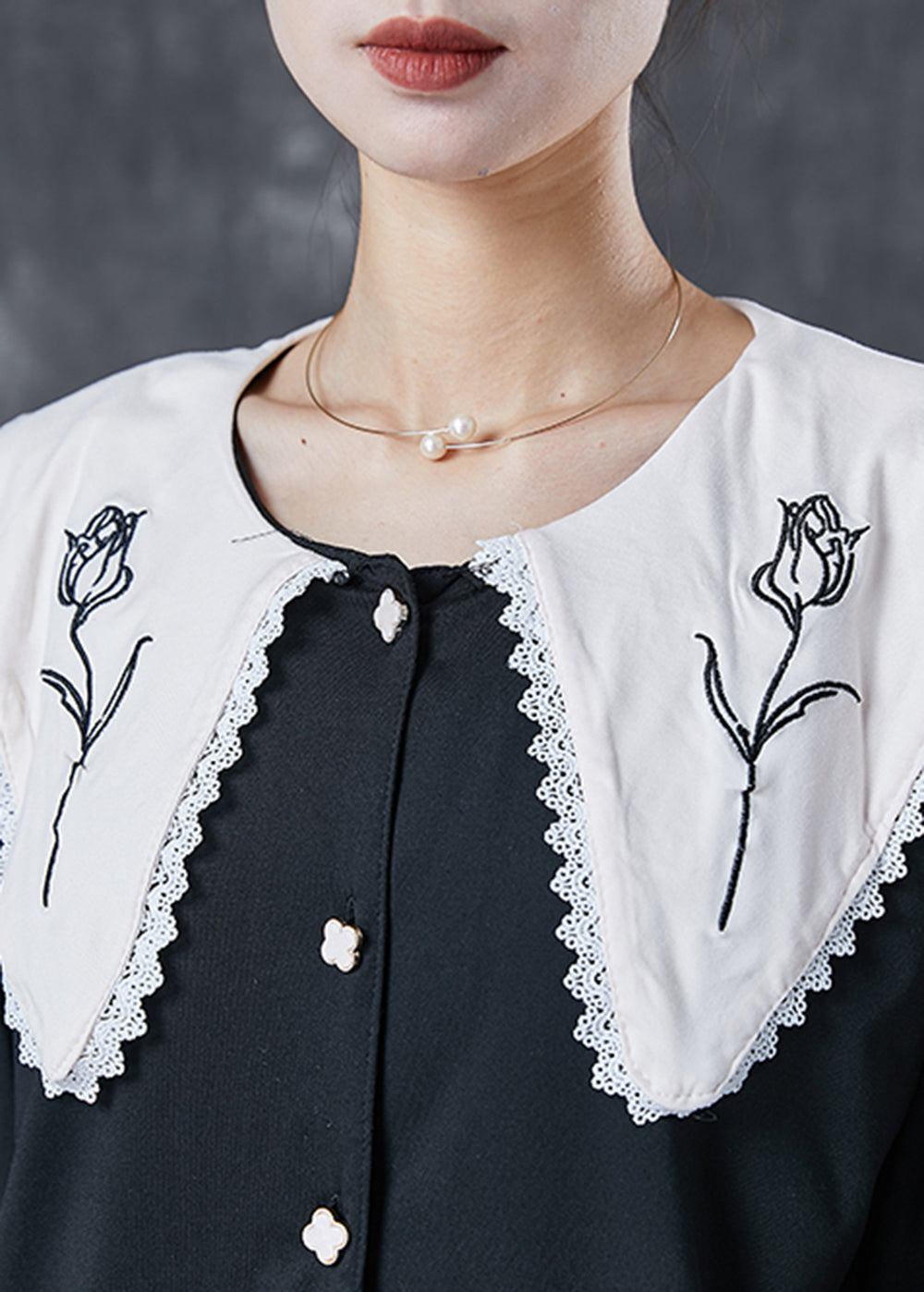 Black Peter Pan Collar Ruffled Cotton Two Piece Set Spring