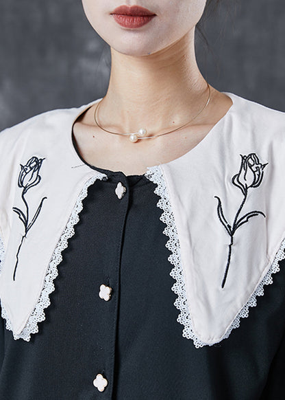 Black Peter Pan Collar Ruffled Cotton Two Piece Set Spring