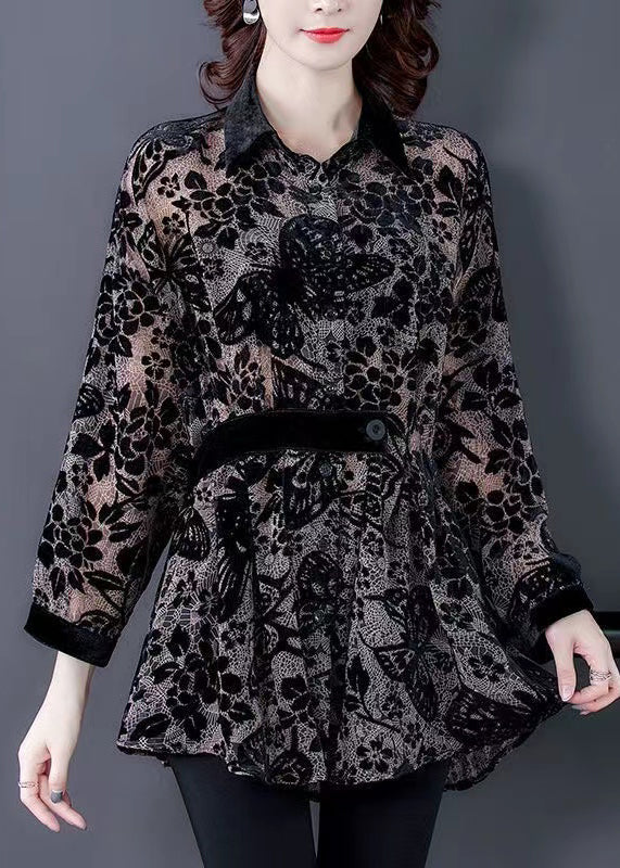Black Peter Pan Collar Print Patchwork Velour Shirts Tops Fall