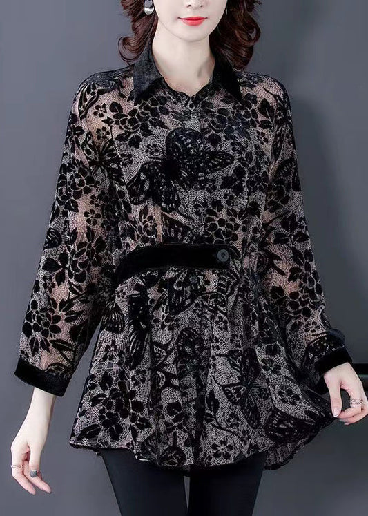 Black Peter Pan Collar Print Patchwork Velour Shirts Tops Fall
