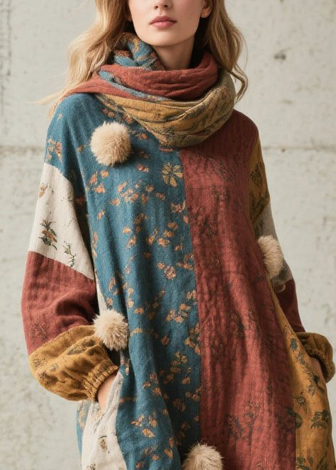 Colorblock Print Fuzzy Ball Decorated Cotton Dress Fall