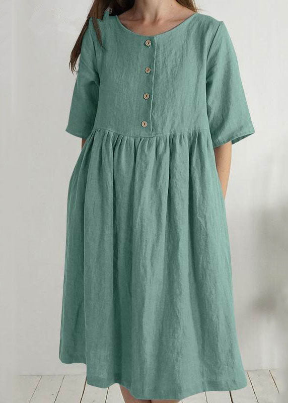 Green O Neck Pockets Wrinkled Patchwork Linen Dress Summer