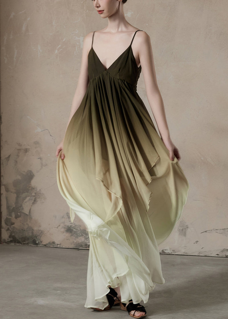 Gradient Color V Neck Wrinkled Chiffon Long Dress Sleeveless