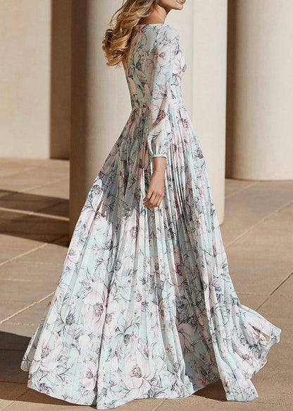 Light Blue Print Wrinkled Chiffon Ankle Dress Fall