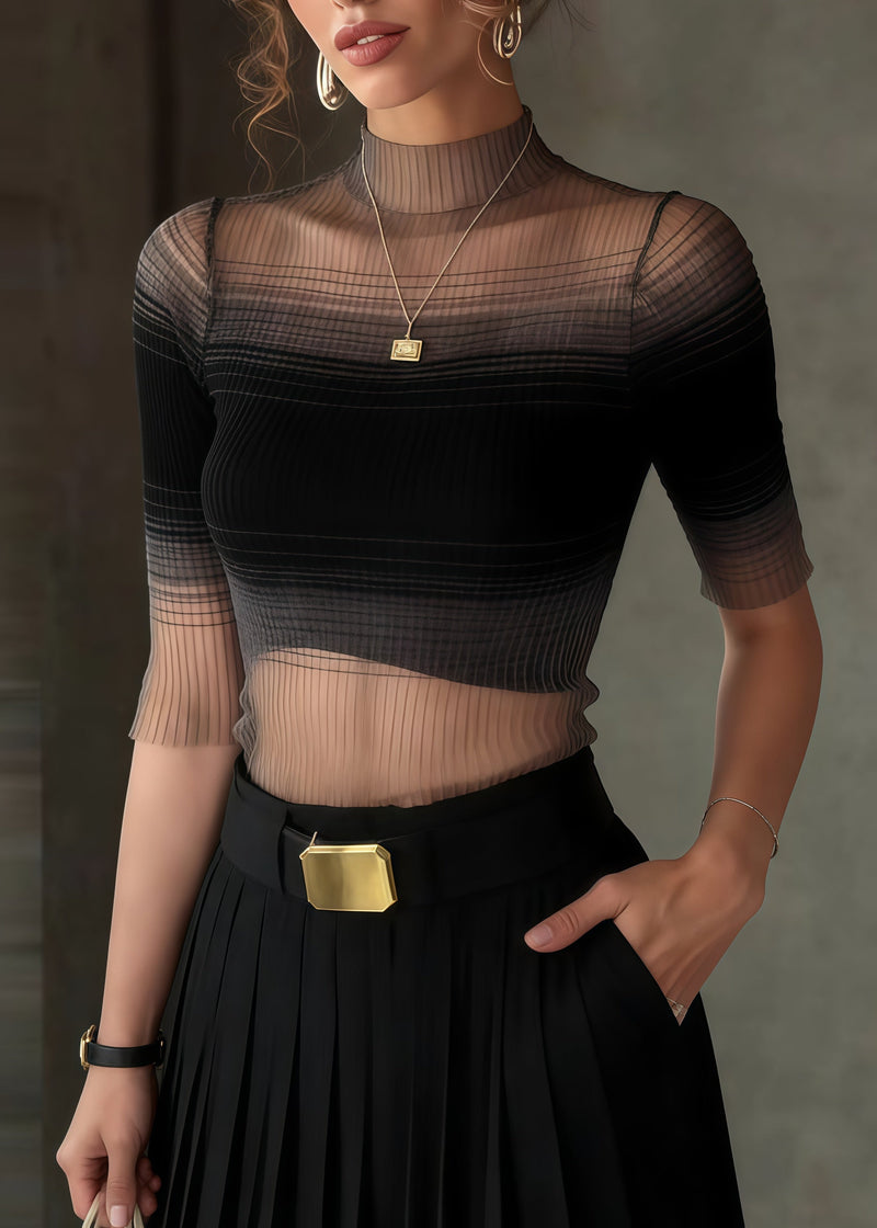 Gradient Black Stand Collar Tulle Tank Half Sleeve