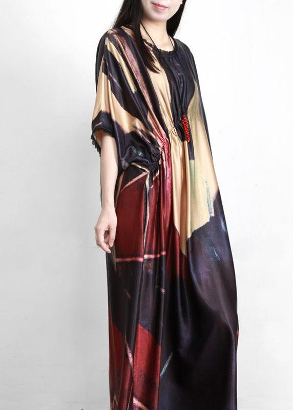 Black Print Silk Party Dress Batwing Sleeve