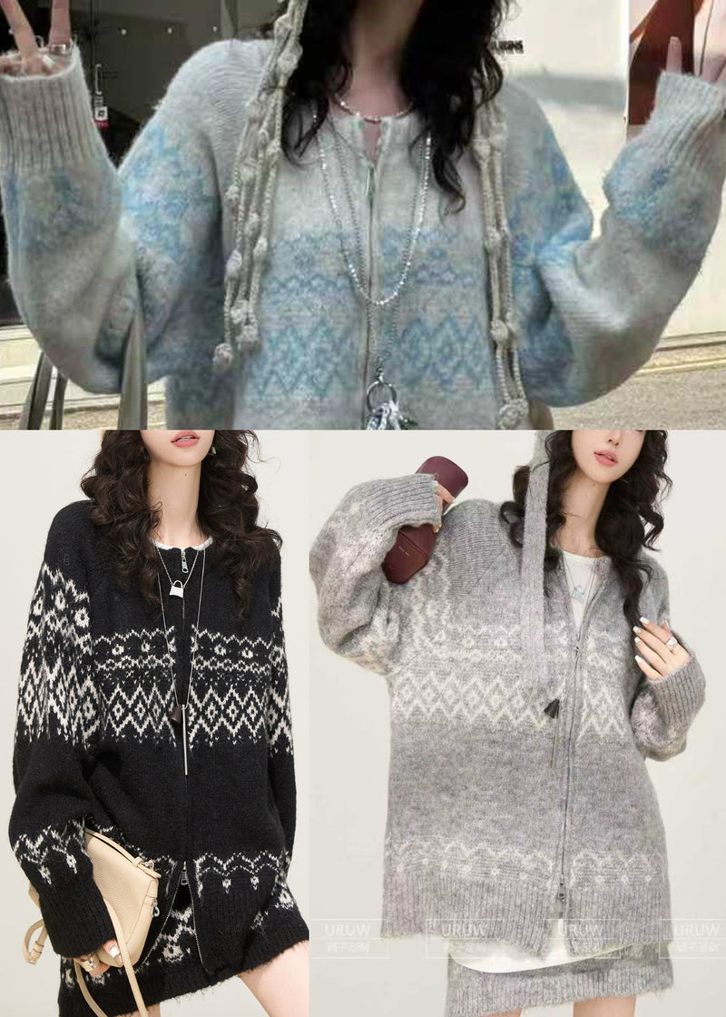 Boutique Grey Zip Up Print Knit Two Piece Set Spring