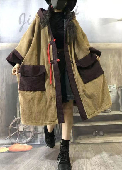 Camel Hooded Pockets Patchwork Corduroy Warm Fleece Coat Winter