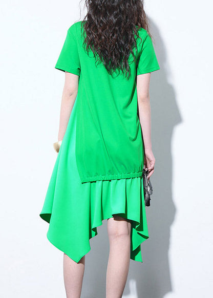 Simple Green O-neck Asymmetrical Design Patchwork Wrinkled Long Dress Short Sleeve