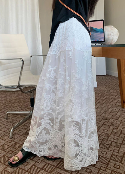Art White Lace Tulle Patchwork Elastic Waist Skirt Summer