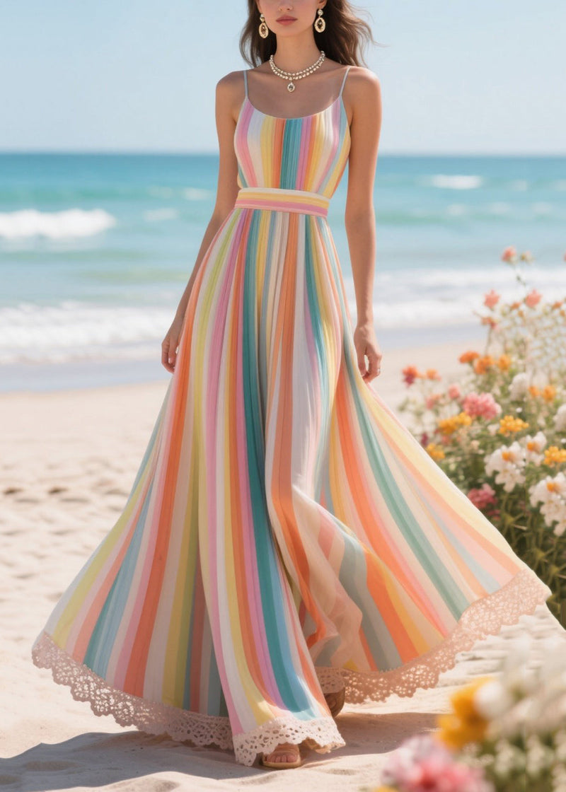 Rainbow Striped Exra Large Hem Chiffon Beach Dress Summer