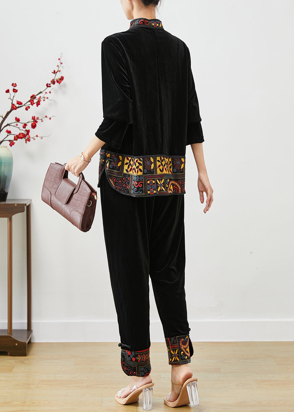 Black Embroideried Patchwork Silk Velour Two Piece Set Clothing Fall