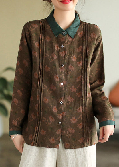 Peter Pan Collar Print Button Linen Shirt Long Sleeve