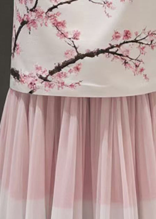 Pink Print False Two Pieces Chiffon Patchwork Skirts Summer