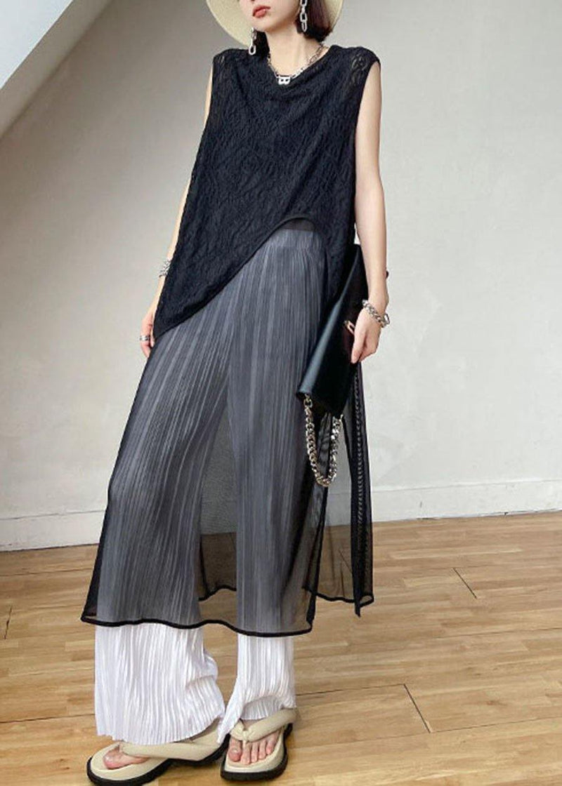 Loose Black Hollow Out Asymmetrical Design Sleeveless Tanks Summer