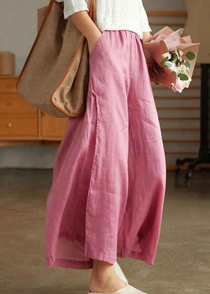 Pink Elastic Waist Pockets Linen Wide Leg Pants Spring