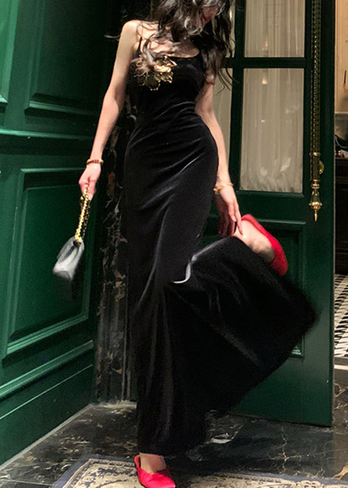 Slim Fit Black Side Open Silk Velour Spaghetti Strap Dress Sleeveless