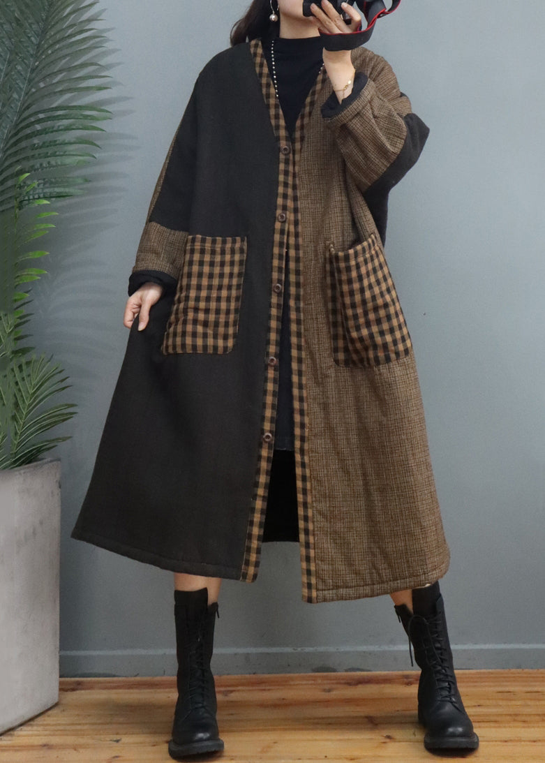Coffee Plaid Pockets Patchwork Thick Long Coat Fall