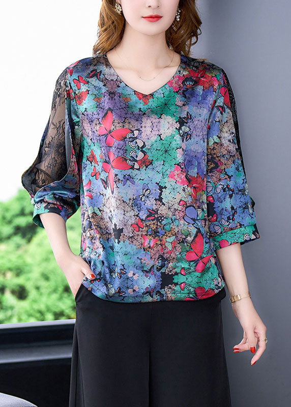 Blue V Neck Butterfly Print Lace Patchwork Silk Shirt Half Sleeve