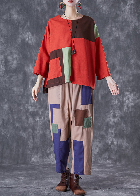 Red Oversized Patchwork Cotton Two Piece Set Clothing Fall