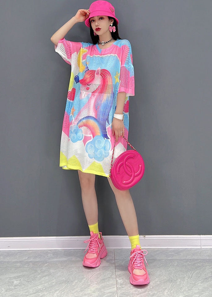 Pink O-neck Horse Print Oversized Vacation Dress Short Sleeve