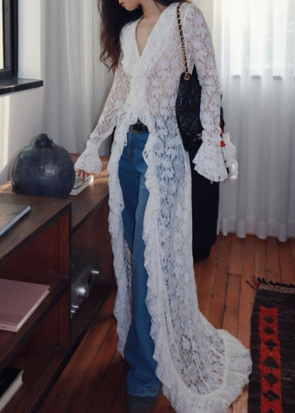 French White Lace Long V-neck Cardigan Fall